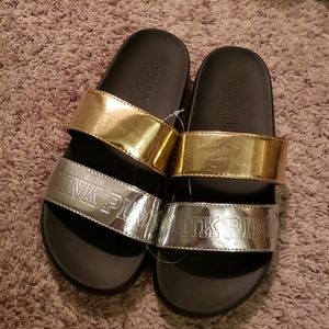 NWT Victoria's Secret PINK Gold & Silver Slides Md